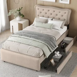 Lit avec rangement 90x200 cm simple capitonné avec 2 tiroirs et tête de lit ondulée cloutée - revêtement en lin beige foncé>Okwish New