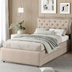 Lit avec rangement 90x200 cm simple capitonné avec 2 tiroirs et tête de lit ondulée cloutée - revêtement en lin beige foncé>Okwish New