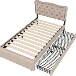 Lit avec rangement 90x200 cm simple capitonné avec 2 tiroirs et tête de lit ondulée cloutée - revêtement en lin beige foncé><noscript><img width=