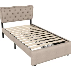 Lit avec rangement 90x200 cm simple capitonné avec 2 tiroirs et tête de lit ondulée cloutée - revêtement en lin beige foncé><noscript><img width=