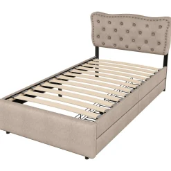 Lit avec rangement 90x200 cm simple capitonné avec 2 tiroirs et tête de lit ondulée cloutée - revêtement en lin beige foncé><noscript><img width=
