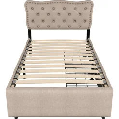 Lit avec rangement 90x200 cm simple capitonné avec 2 tiroirs et tête de lit ondulée cloutée - revêtement en lin beige foncé><noscript><img width=