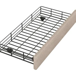 Lit avec rangement 90x200 cm simple capitonné avec 2 tiroirs et tête de lit ondulée cloutée - revêtement en lin beige foncé><noscript><img width=