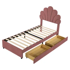 Lit avec rangement 90x200 cm simple enfant fille capitonné avec 2 ablagefächer et lattenrost, velours+bois rose, sans matelas><noscript><img width=