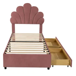Lit avec rangement 90x200 cm simple enfant fille capitonné avec 2 ablagefächer et lattenrost, velours+bois rose, sans matelas><noscript><img width=