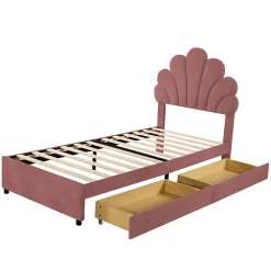 Lit avec rangement 90x200 cm simple enfant fille capitonné avec 2 ablagefächer et lattenrost, velours+bois rose, sans matelas><noscript><img width=