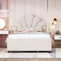 Lit avec rangement 90x200 cm simple enfant fille capitonné avec 2 ablagefächer et lattenrost, velours+bois beige, sans matelas><noscript><img width=