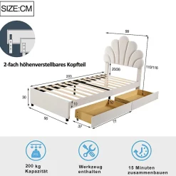 Lit avec rangement 90x200 cm simple enfant fille capitonné avec 2 ablagefächer et lattenrost, velours+bois beige, sans matelas><noscript><img width=