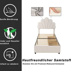 Lit avec rangement 90x200 cm simple enfant fille capitonné avec 2 ablagefächer et lattenrost, velours+bois beige, sans matelas><noscript><img width=