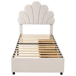 Lit avec rangement 90x200 cm simple enfant fille capitonné avec 2 ablagefächer et lattenrost, velours+bois beige, sans matelas><noscript><img width=