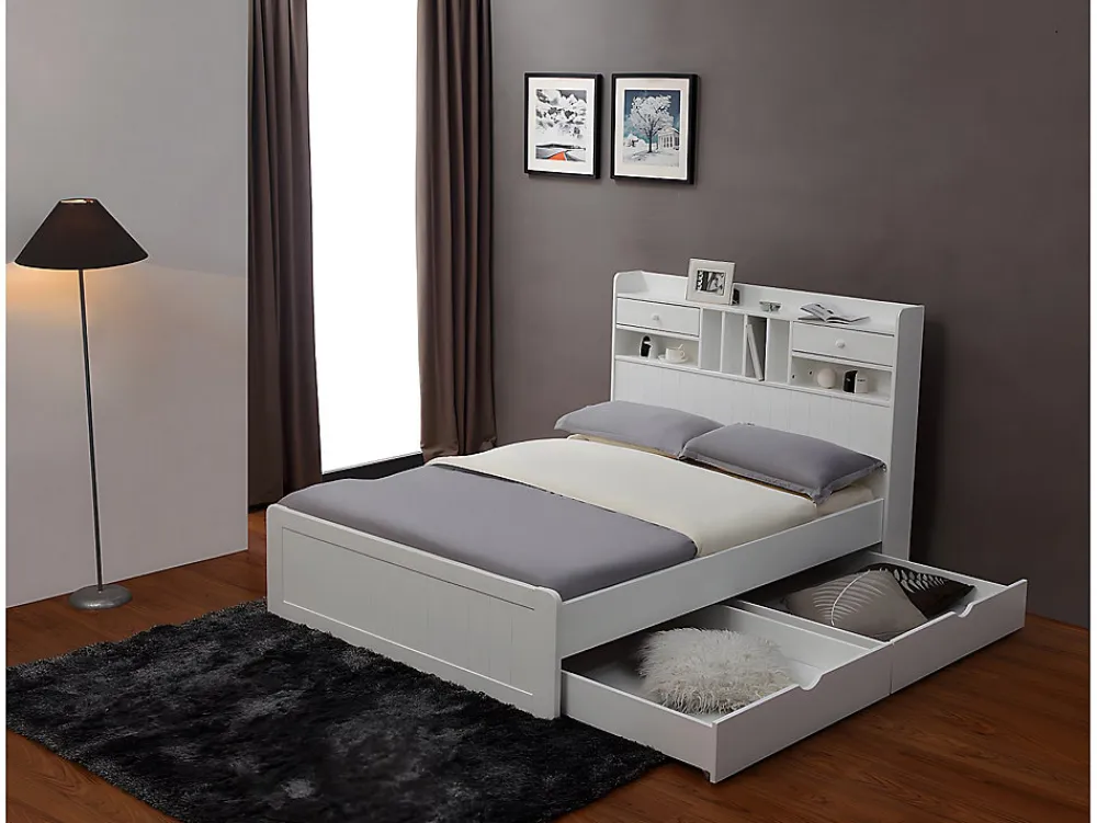 Lit avec rangements 140 x 190 cm - Blanc - MEDERICK>Vente-unique
