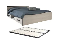 Lit avec rangements 140 x 190 cm - 2 tiroirs et 1 niche - Coloris : Naturel + Sommier - PABLO><noscript><img width=