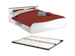 Lit avec rangements 140 x 190 cm - 2 tiroirs et 1 niche - Coloris : Blanc + Sommier - PABLO>Vente-unique