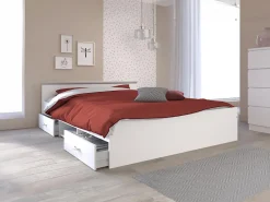 Lit avec rangements 140 x 190 cm - 2 tiroirs et 1 niche - Coloris : Blanc + Sommier - PABLO><noscript><img width=