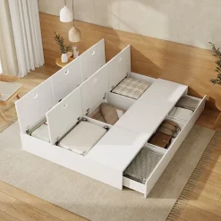 Okwish Lit avec Rangements 140x200 cm - Lit Double avec Tiroirs, Espace sous le Lit - MDF - Blanc - Sans Matelas* Lit Avec Rangement