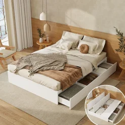Okwish Lit avec Rangements 140x200 cm - Lit Double avec Tiroirs, Espace sous le Lit - MDF - Blanc - Sans Matelas* Lit Avec Rangement