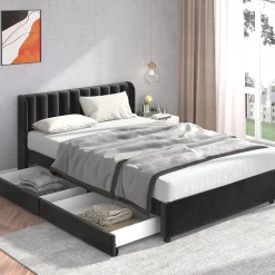 Lit avec Rangements 160x200, Lit Double Capitonné en Velours Noir avec 2 Tiroirs>Generique New