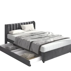 Okwish Lit avec Rangements 160x200, Lit Double Capitonné en Velours Gris avec 2 Tiroirs* Lit Avec Rangement