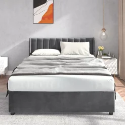 Okwish Lit avec Rangements 160x200, Lit Double Capitonné en Velours Gris avec 2 Tiroirs* Lit Avec Rangement