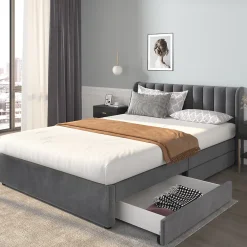 Okwish Lit avec Rangements 160x200, Lit Double Capitonné en Velours Gris avec 2 Tiroirs* Lit Avec Rangement