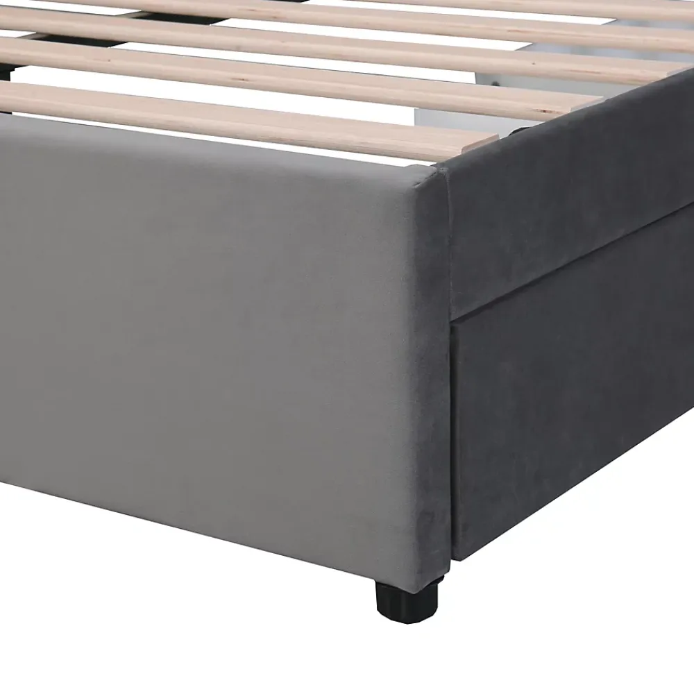 Okwish Lit avec Rangements 160x200, Lit Double Capitonné en Velours Gris avec 2 Tiroirs* Lit Avec Rangement