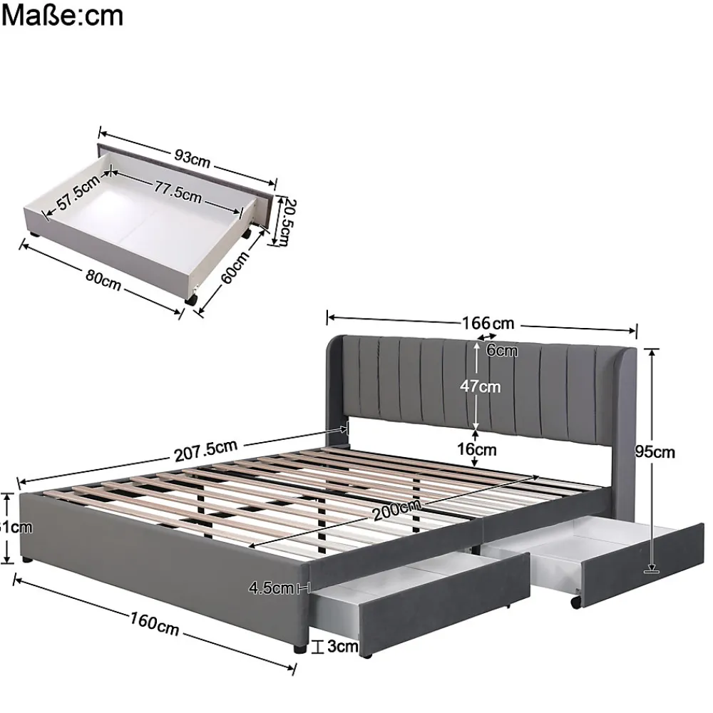 Okwish Lit avec Rangements 160x200, Lit Double Capitonné en Velours Gris avec 2 Tiroirs* Lit Avec Rangement