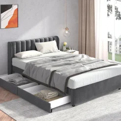 Lit avec Rangements 140x200, Lit Double Capitonné avec 2 Tiroirs, Velours Gris>Okwish Discount