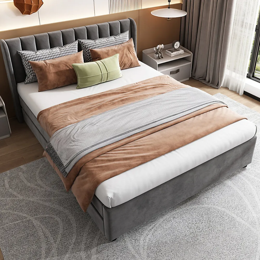 Lit avec Rangements 140x200, Lit Double Capitonné avec 2 Tiroirs, Velours Gris>Okwish Discount
