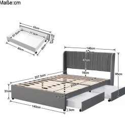 Lit avec Rangements 140x200, Lit Double Capitonné avec 2 Tiroirs, Velours Gris><noscript><img width=