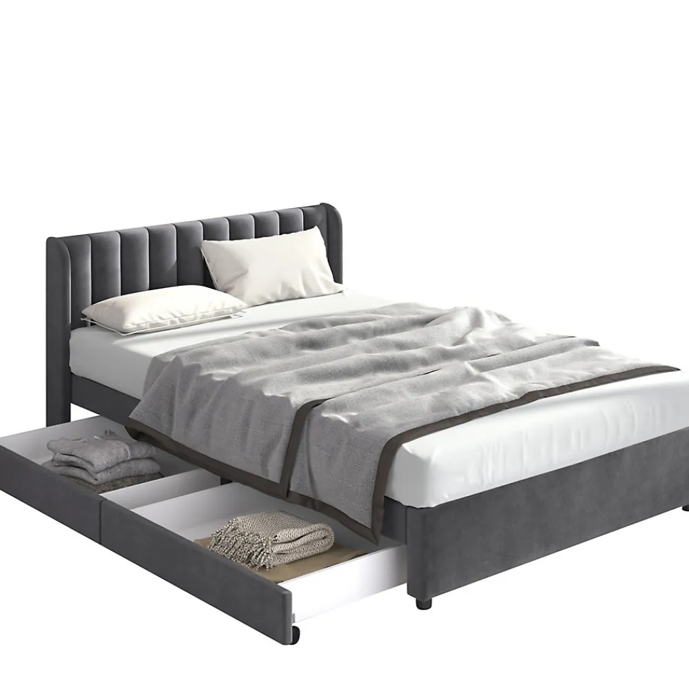 Lit avec Rangements 140x200, Lit Double Capitonné avec 2 Tiroirs, Velours Gris>Okwish Discount