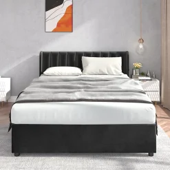Okwish Lit avec Rangements 140x200, Lit Double Capitonné avec 2 Tiroirs, Velours Noir* Lit Avec Rangement