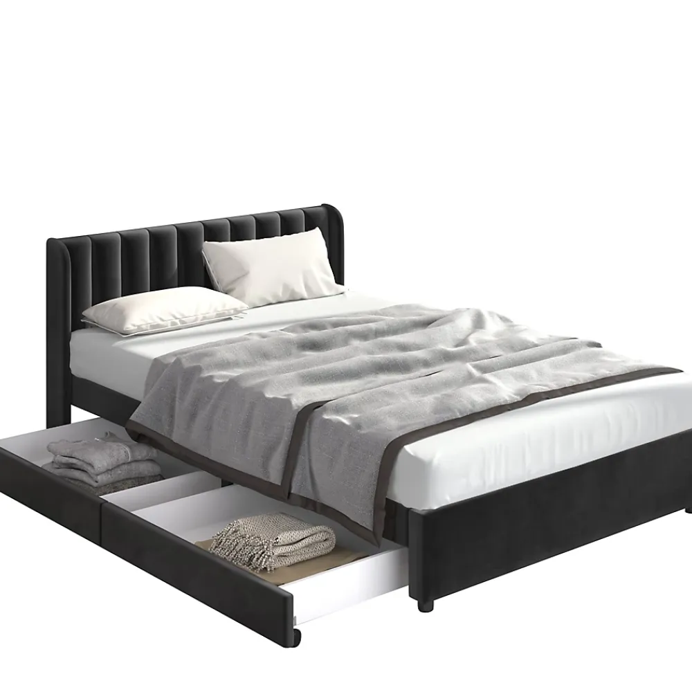 Okwish Lit avec Rangements 140x200, Lit Double Capitonné avec 2 Tiroirs, Velours Noir* Lit Avec Rangement
