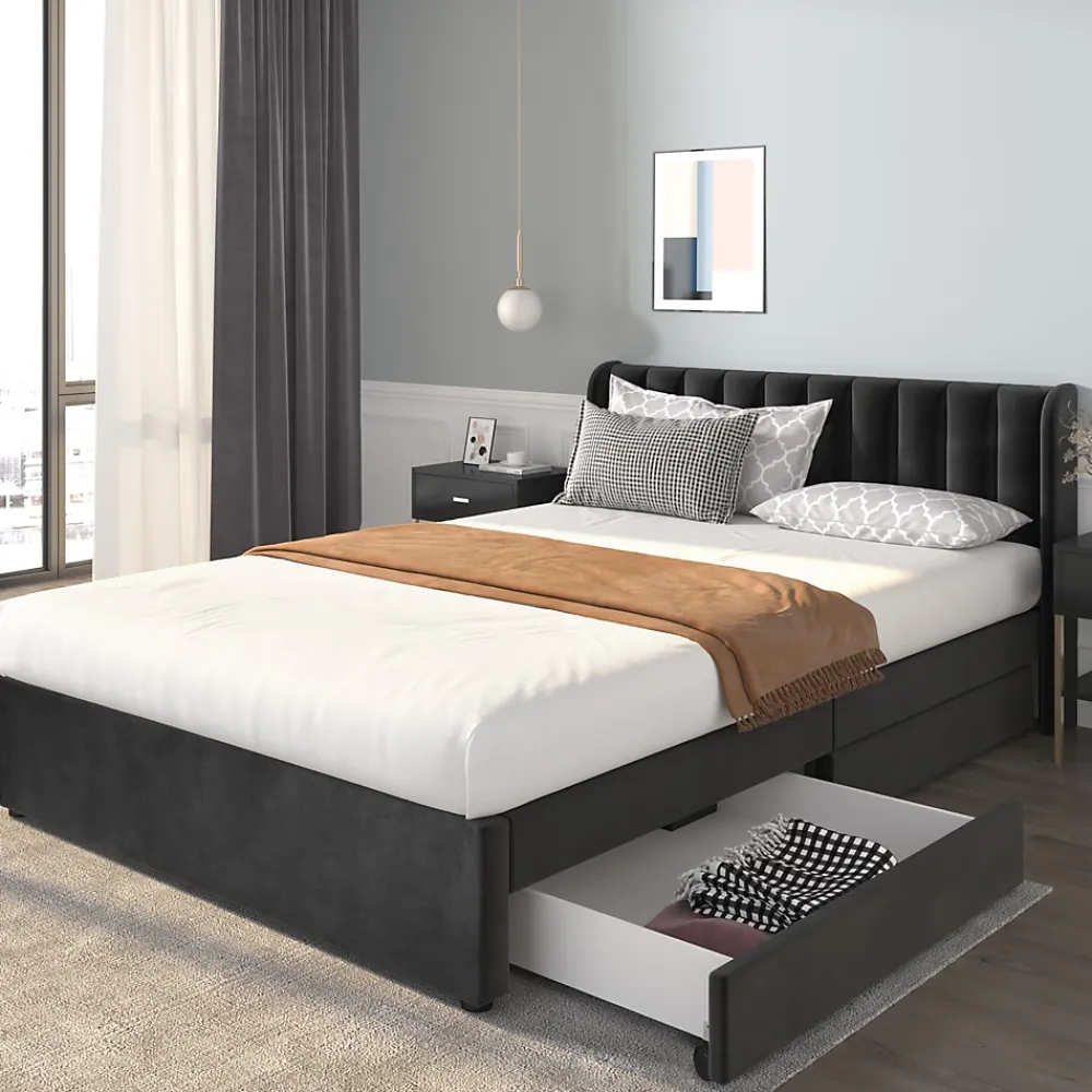 Okwish Lit avec Rangements 140x200, Lit Double Capitonné avec 2 Tiroirs, Velours Noir* Lit Avec Rangement