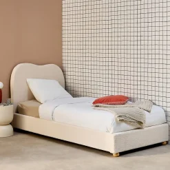 Sweeek Lit avec sommier à lattes et tête de lit. blanc finition bouclette. L204 x P98 x H96.5cm* Lit Simple