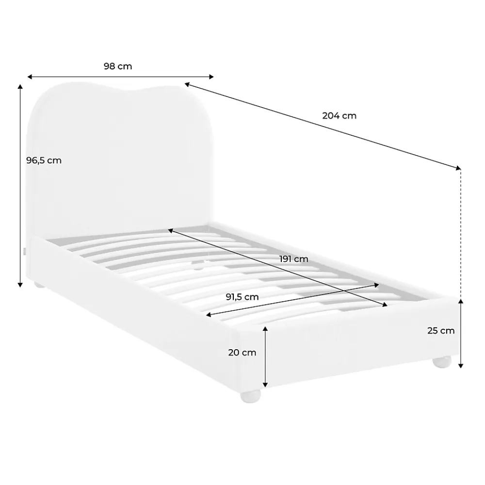 Sweeek Lit avec sommier à lattes et tête de lit. blanc finition bouclette. L204 x P98 x H96.5cm* Lit Simple