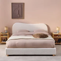Lit avec sommier à lattes et tête de lit. blanc finition bouclette. L214.5 x P168 x H97cm>Sweeek Online