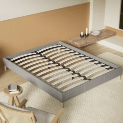 Lit avec sommier lattes en bois - 140x190 cm - Tissu Gris - Pieds en bois><noscript><img width=