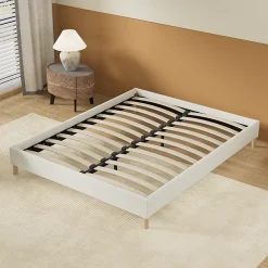 November Lit avec sommier lattes en bois - 140x200 cm - Tissu Blanc - Pieds en bois* Sommier
