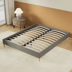 Lit avec sommier lattes en bois - 140x200 cm - Tissu Gris - Pieds en bois>November Best
