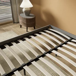 Lit avec sommier lattes en bois - 140x200 cm - Tissu Gris - Pieds en bois><noscript><img width=