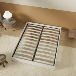 November Lit avec sommier lattes en bois - 160x200 cm - Tissu Blanc - Pieds en bois* Sommier