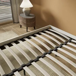Lit avec sommier lattes en bois - 140x190 cm - Tissu Blanc - Pieds en bois><noscript><img width=