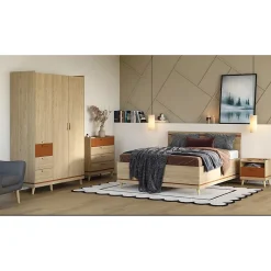Meublorama Lit avec sommier NOKI 180x200 cm chene clair et moka Style scandinave* Lit Double