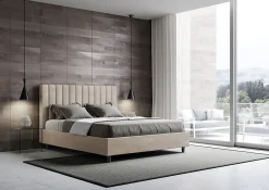 Lit avec sommier rembourré 160x200 Agueda sable microfibre><noscript><img width=