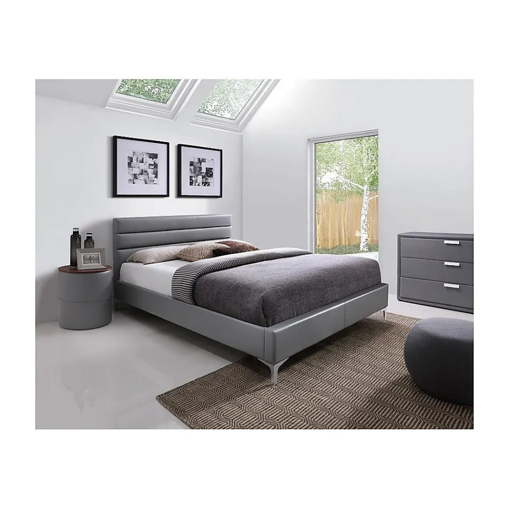 Lit avec sommier THOMAS 160x200 en simili cuir, coloris gris 215 x 99,5 x 165 cm>Meublorama