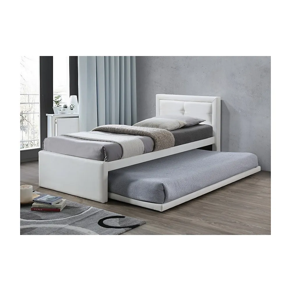 Lit avec tiroir-lit RODAN 90x200 cm Similicuir blanc Sommier inclus Style moderne>Meublorama Discount