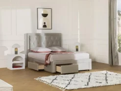 Vente-unique Lit avec tiroirs 160 x 200 cm - Tissu velours - Beige + Matelas - LEOPOLD* Lit Avec Rangement