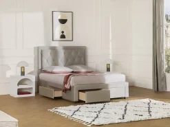 Vente-unique Lit avec tiroirs 180 x 200 cm - Tissu velours - Beige + Matelas - LEOPOLD* Lit Avec Rangement