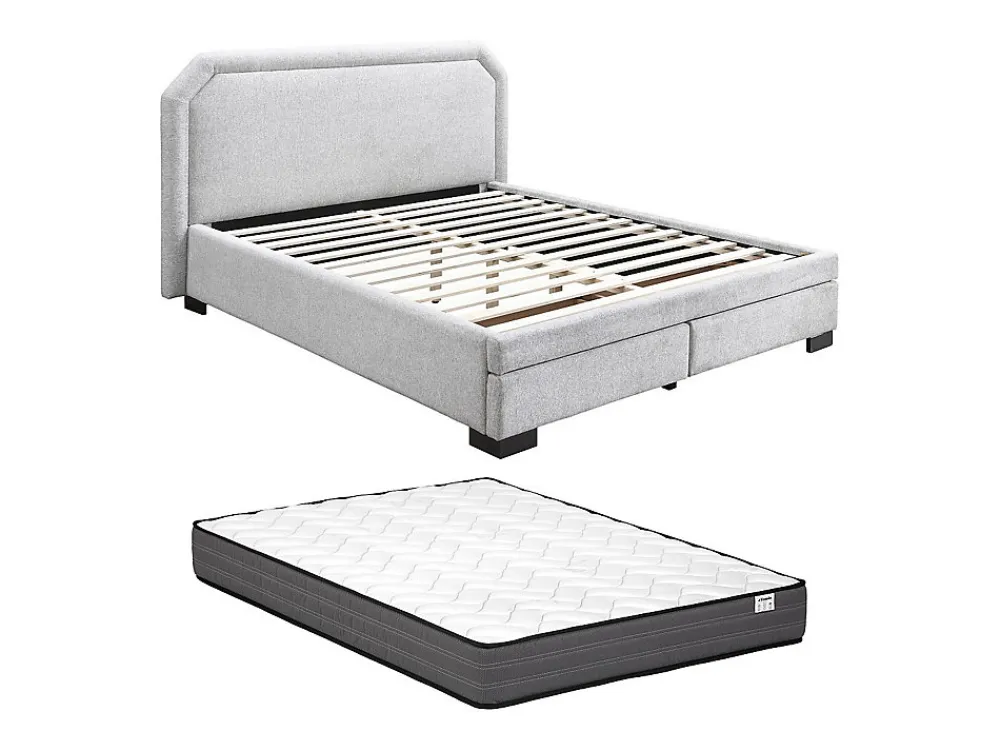 Lit avec tiroirs 140 x 190 cm - Tissu - Gris clair + Matelas - INASTO>Vente-unique Clearance