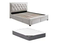 Lit avec tiroirs 160 x 200 cm - Tissu - Beige + Matelas - LEOPOLD>Vente-unique Outlet